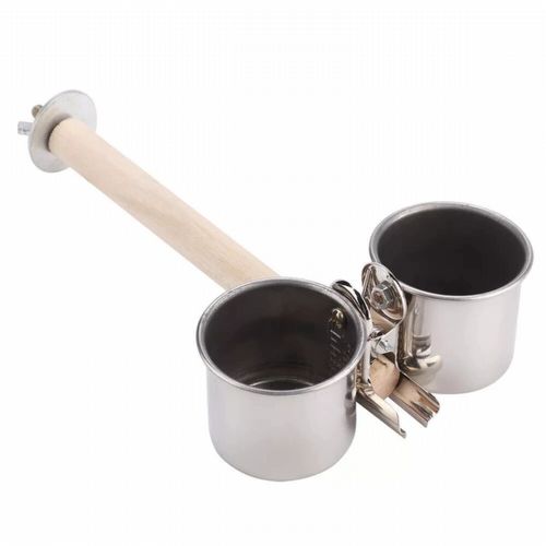 Poleiro para pássaro de madeira e aço inox com tigela dupla 25cm - imagem 1